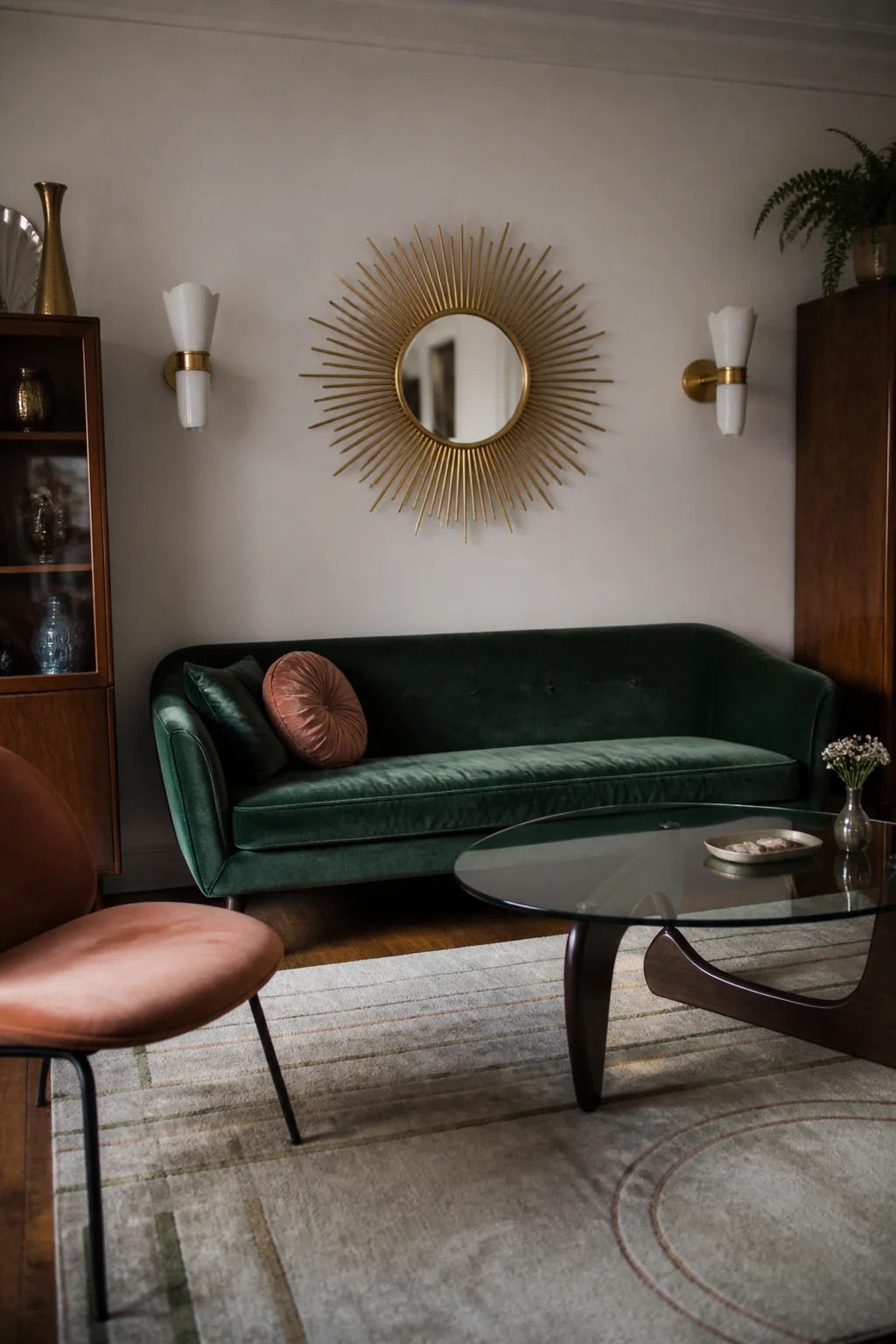 Add a sunburst mirror above the sofa