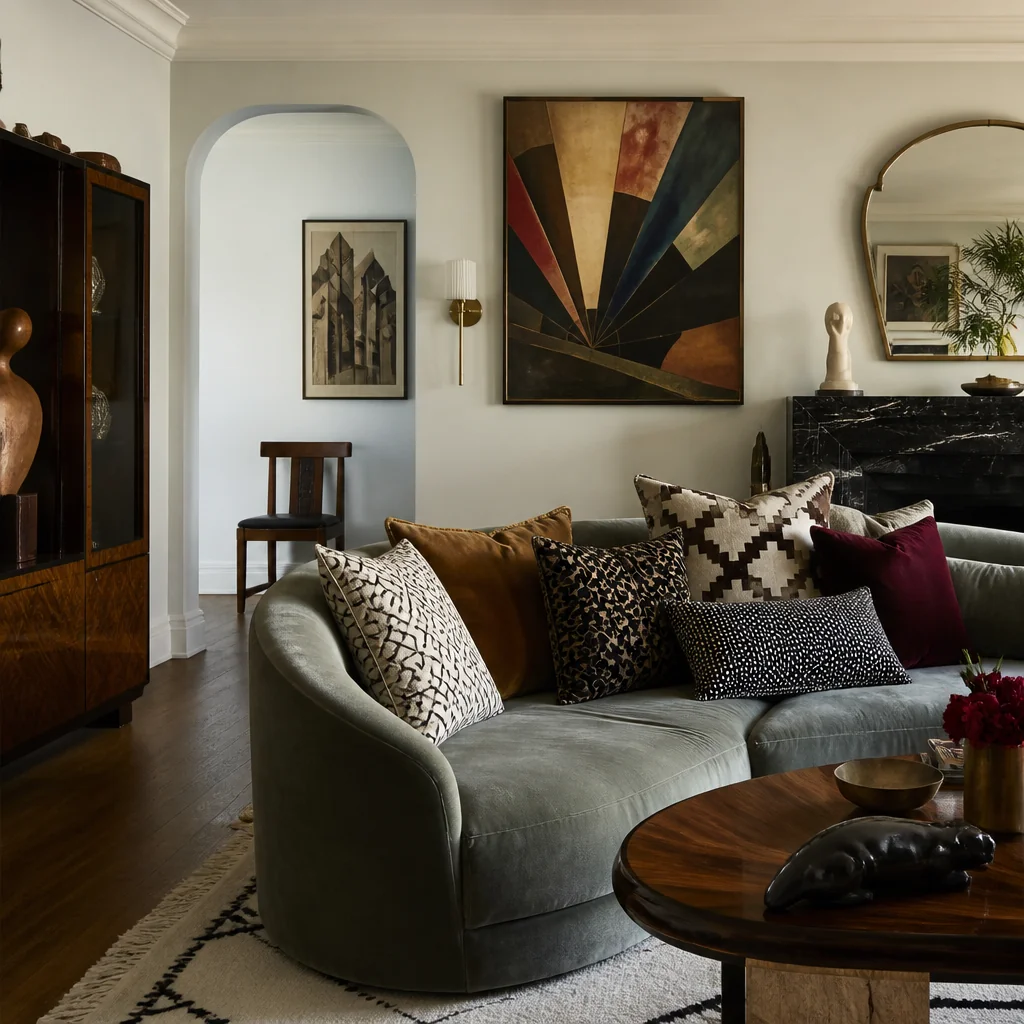 Layer patterned throw pillows in contrasting scales