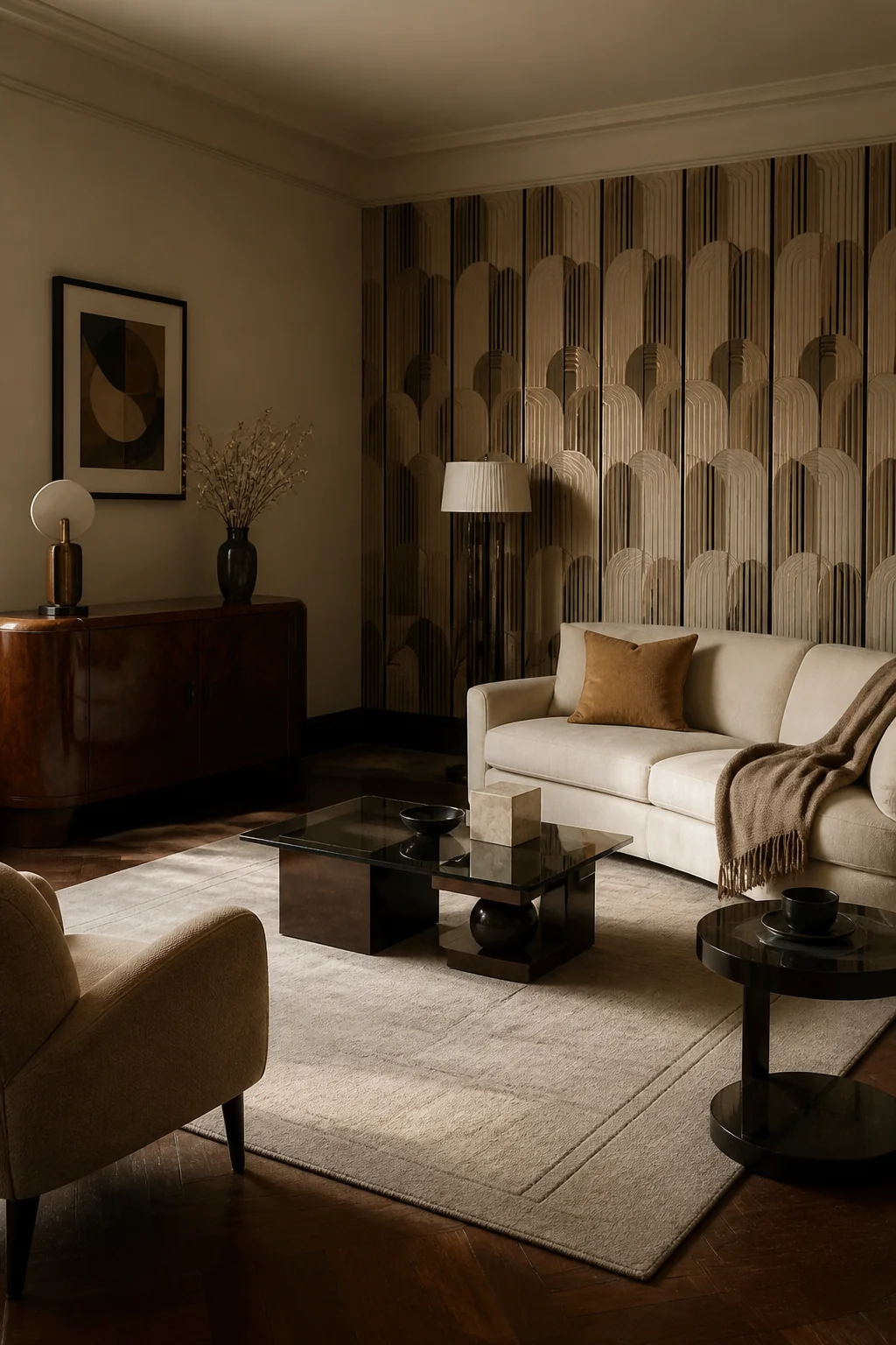 Install a geometric wall panel or wallpaper accent