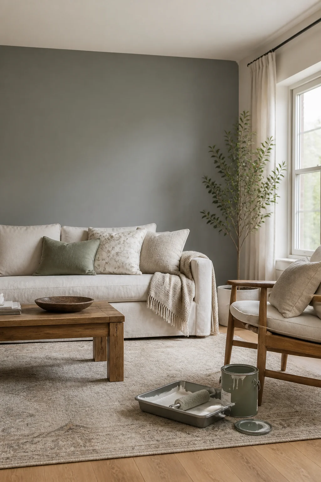 Paint an accent wall in soft gray or sage