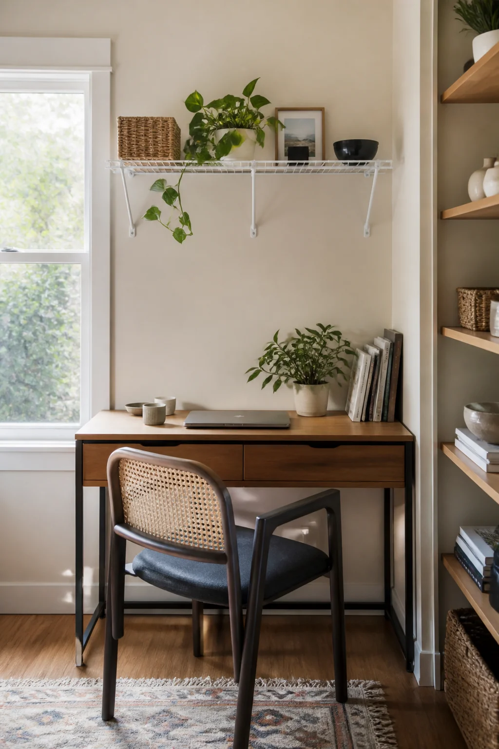Install a simple wire shelf above the desk