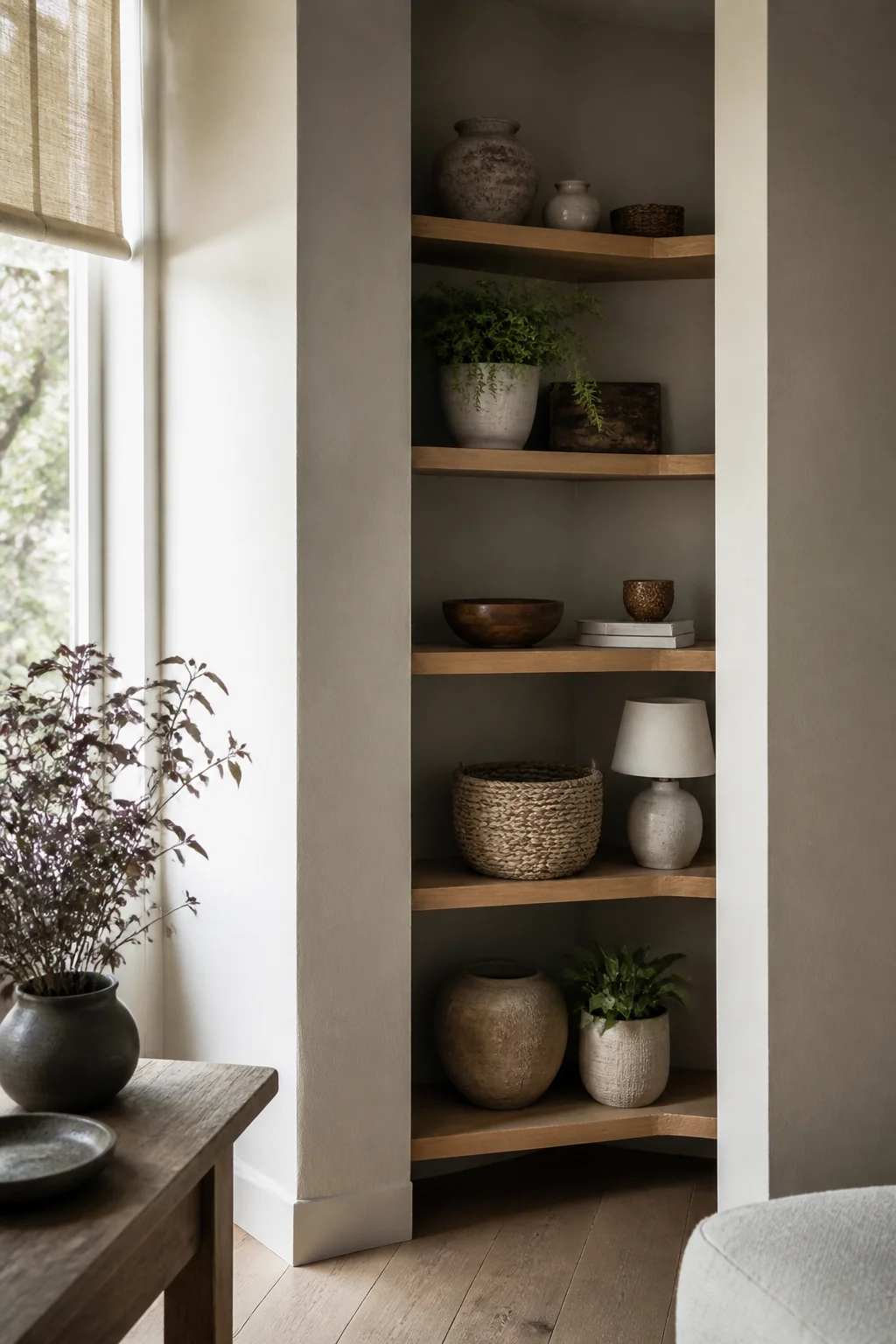 Create a closed-off nook with a corner shelf unit