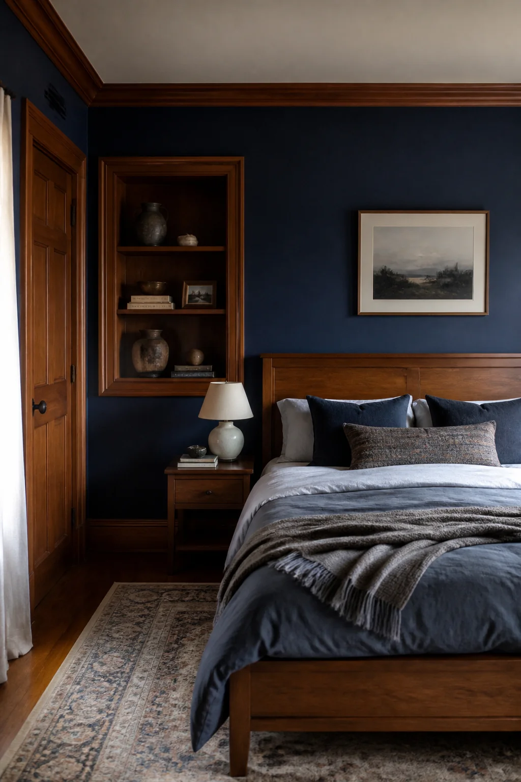 Navy with warm wood trim