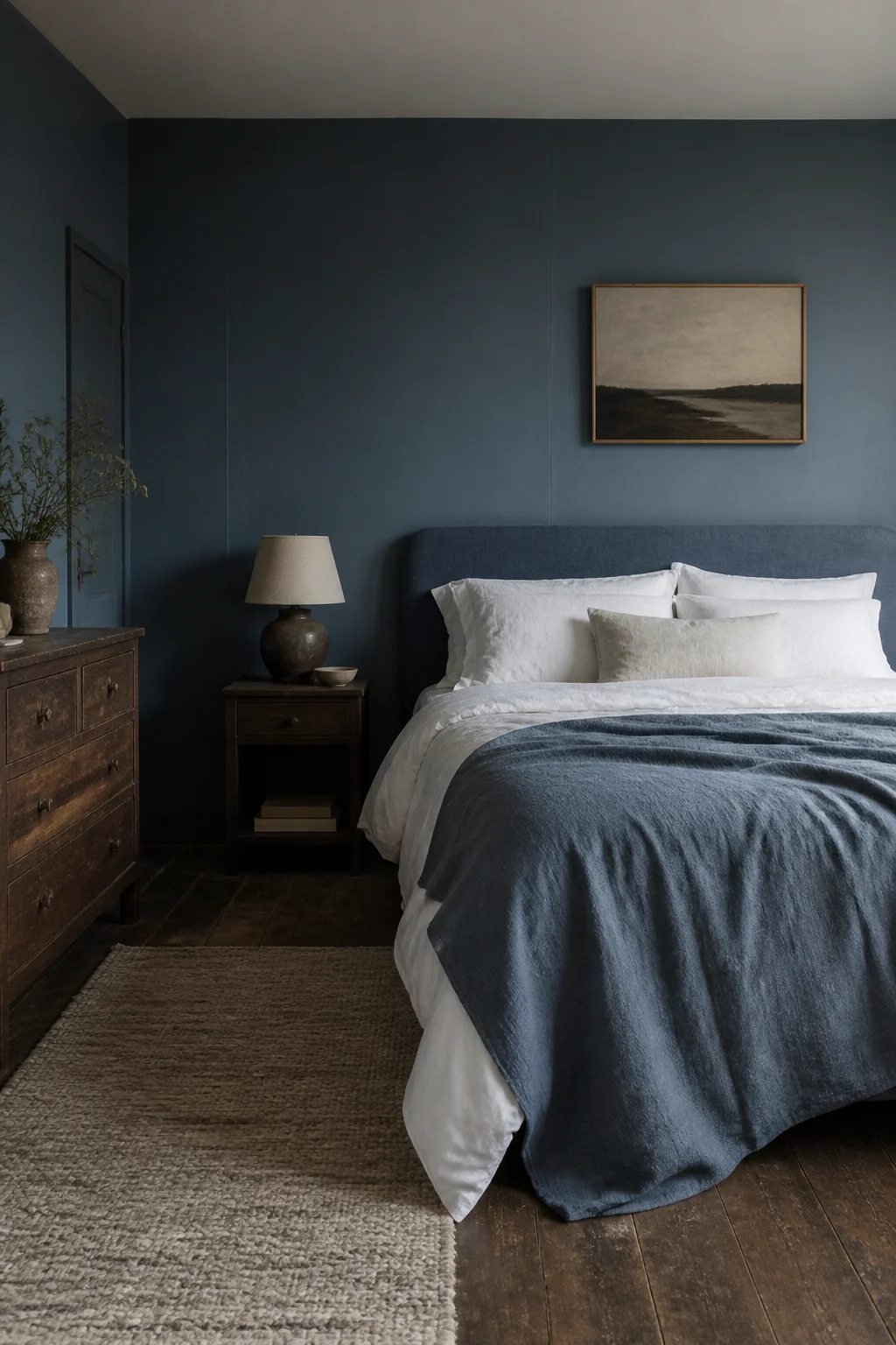 Slate blue with white bedding and pale linens