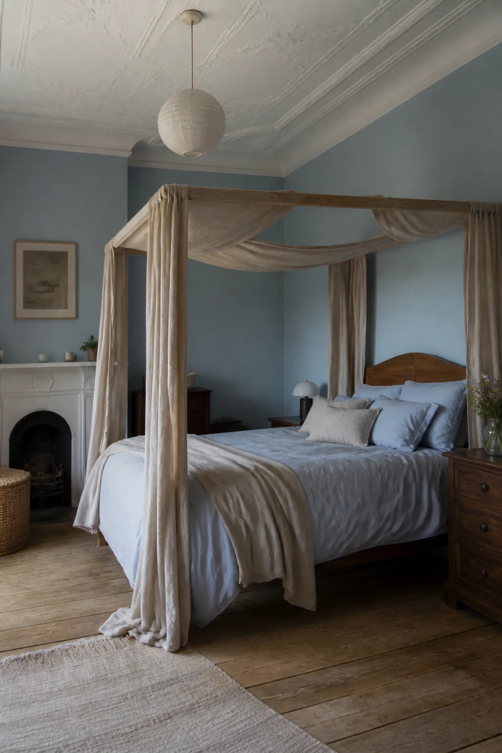 Sky blue with a light linen canopy