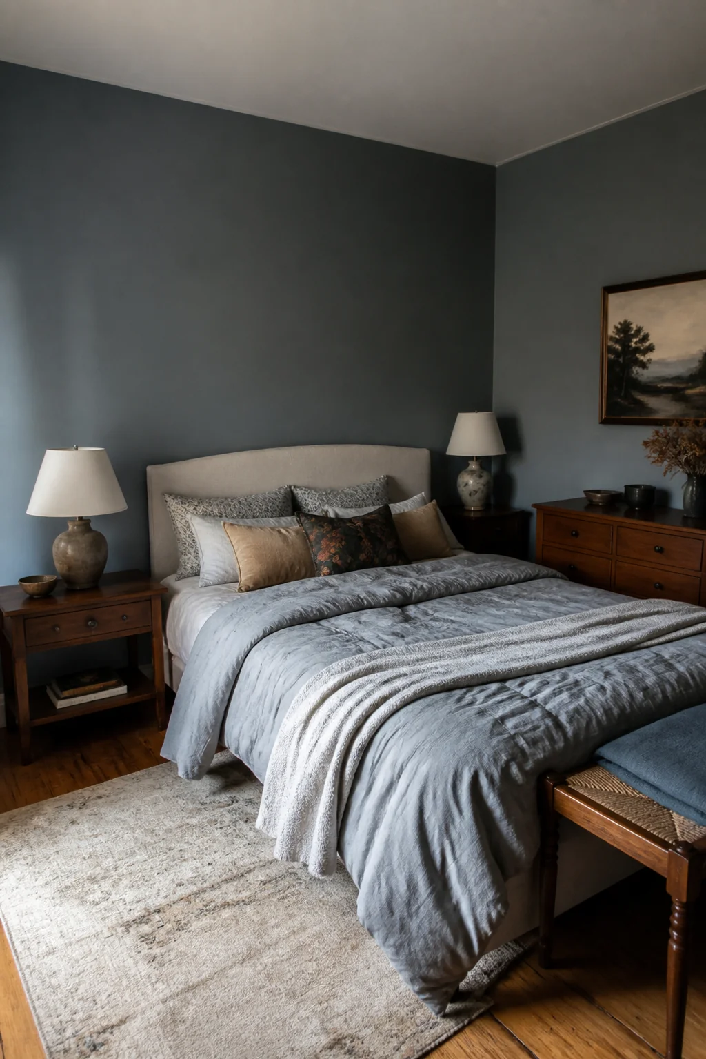 Dusty blue-gray on all walls, warm lighting