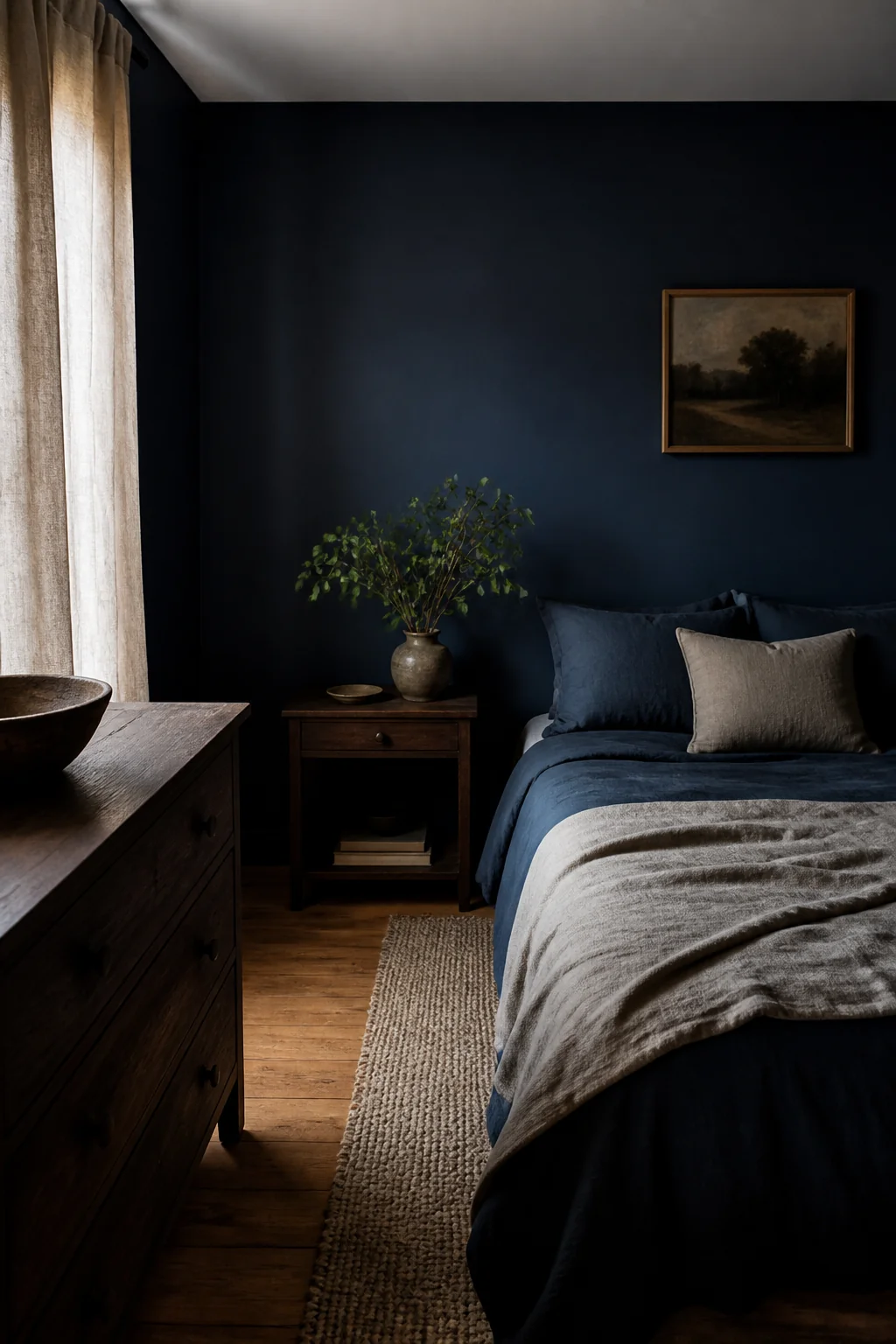 Indigo with soft linen curtains