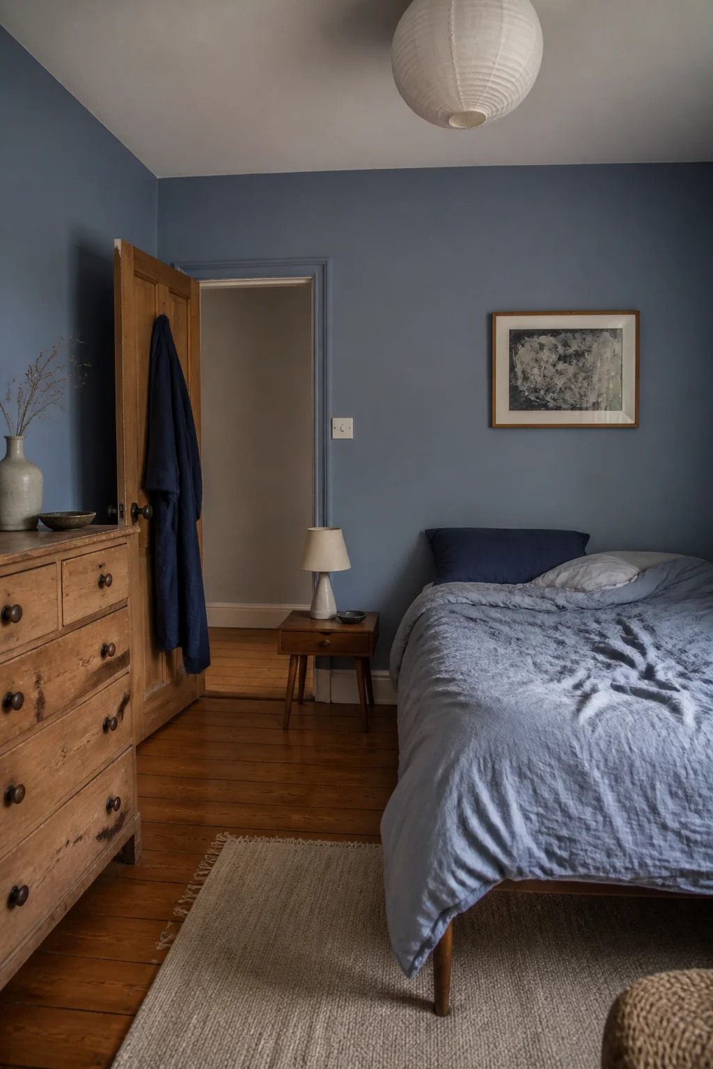 Cornflower blue with warm wood flooring