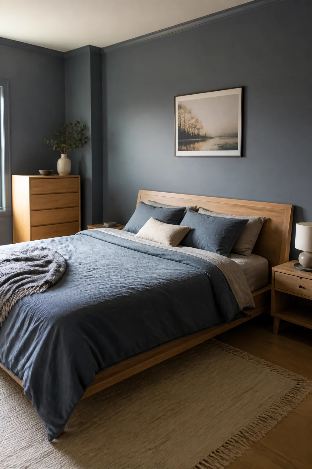 Steel blue with a light wood platform bed
