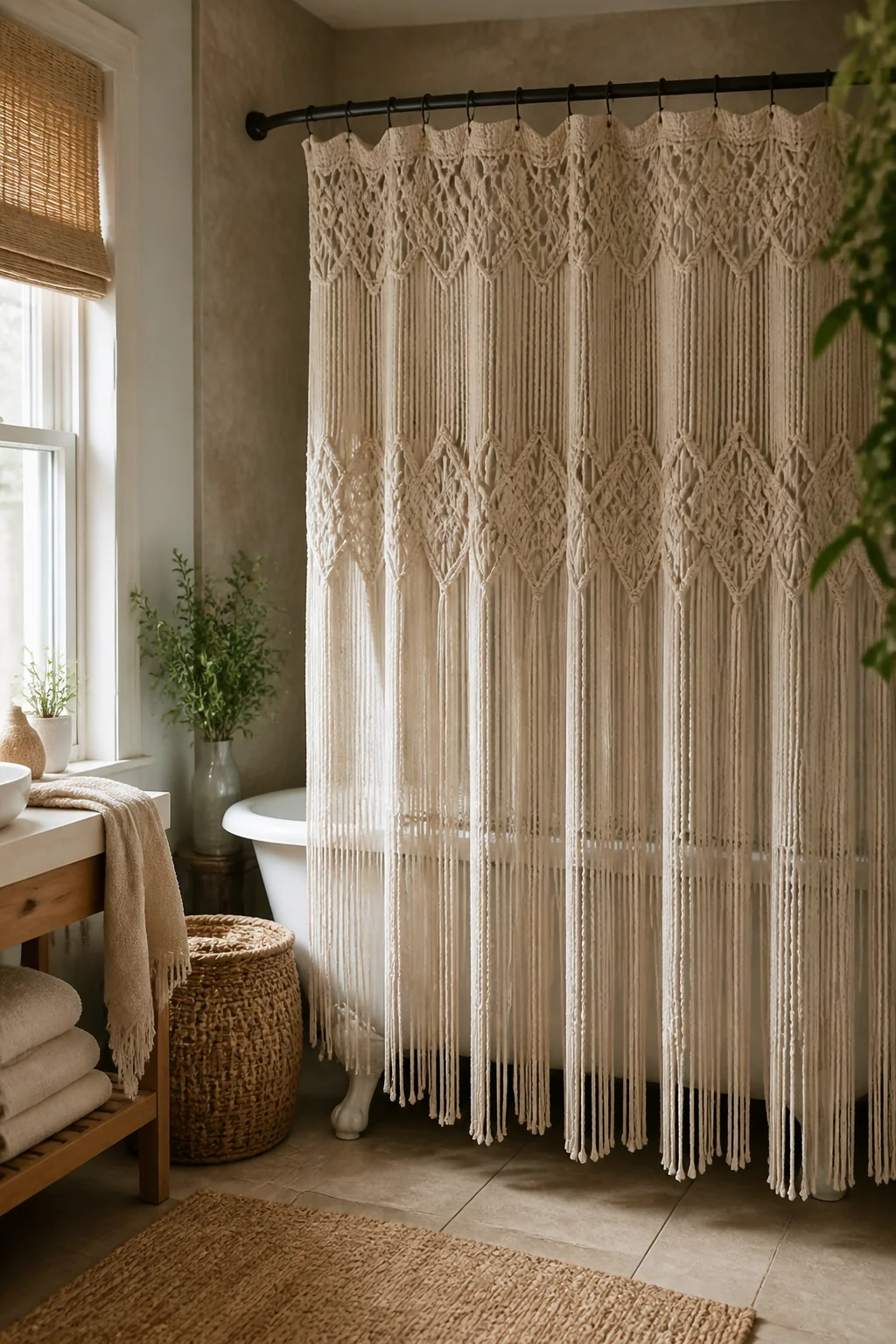 Swap Your Shower Curtain for Macrame or Woven Fabric