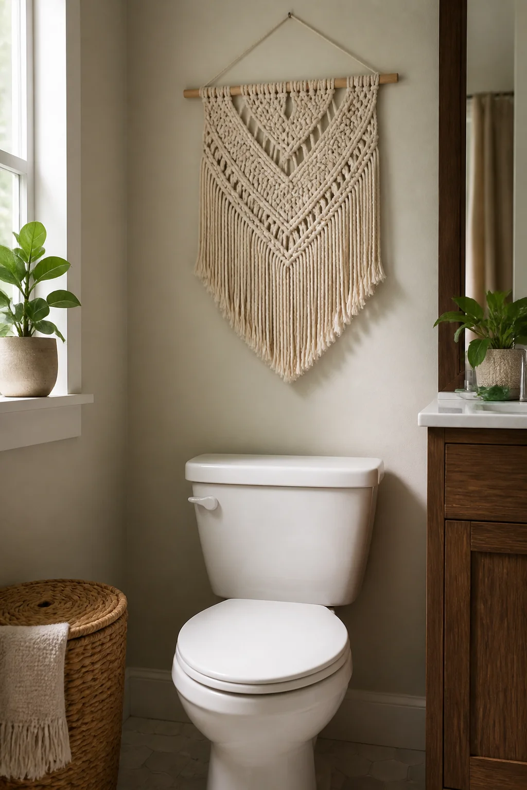 Hang a Woven Wall Hanging or Macrame Above the Toilet