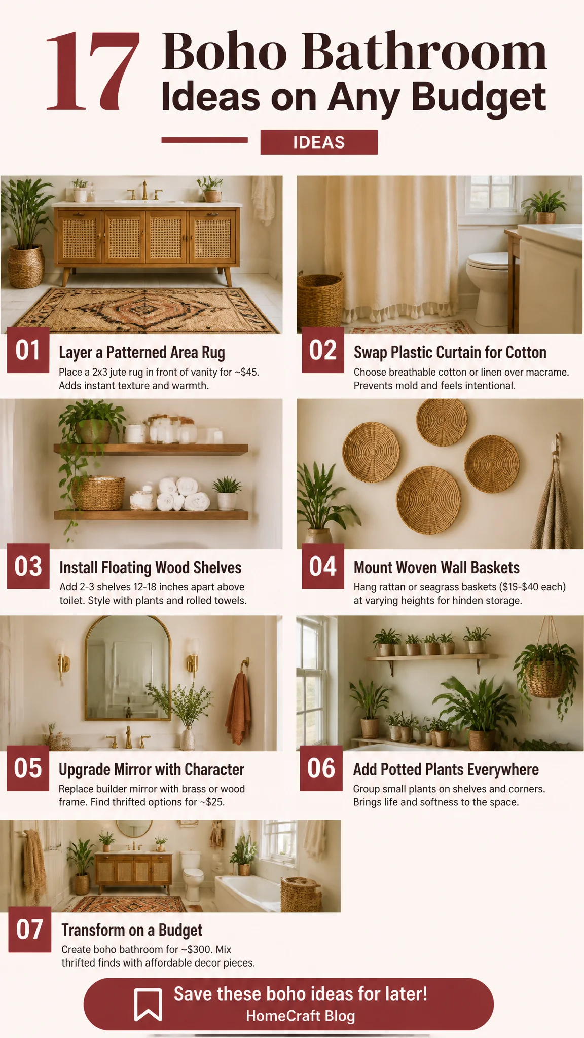 17 Beautiful Boho Bathroom Decor Ideas on Any Budget — complete guide infographic