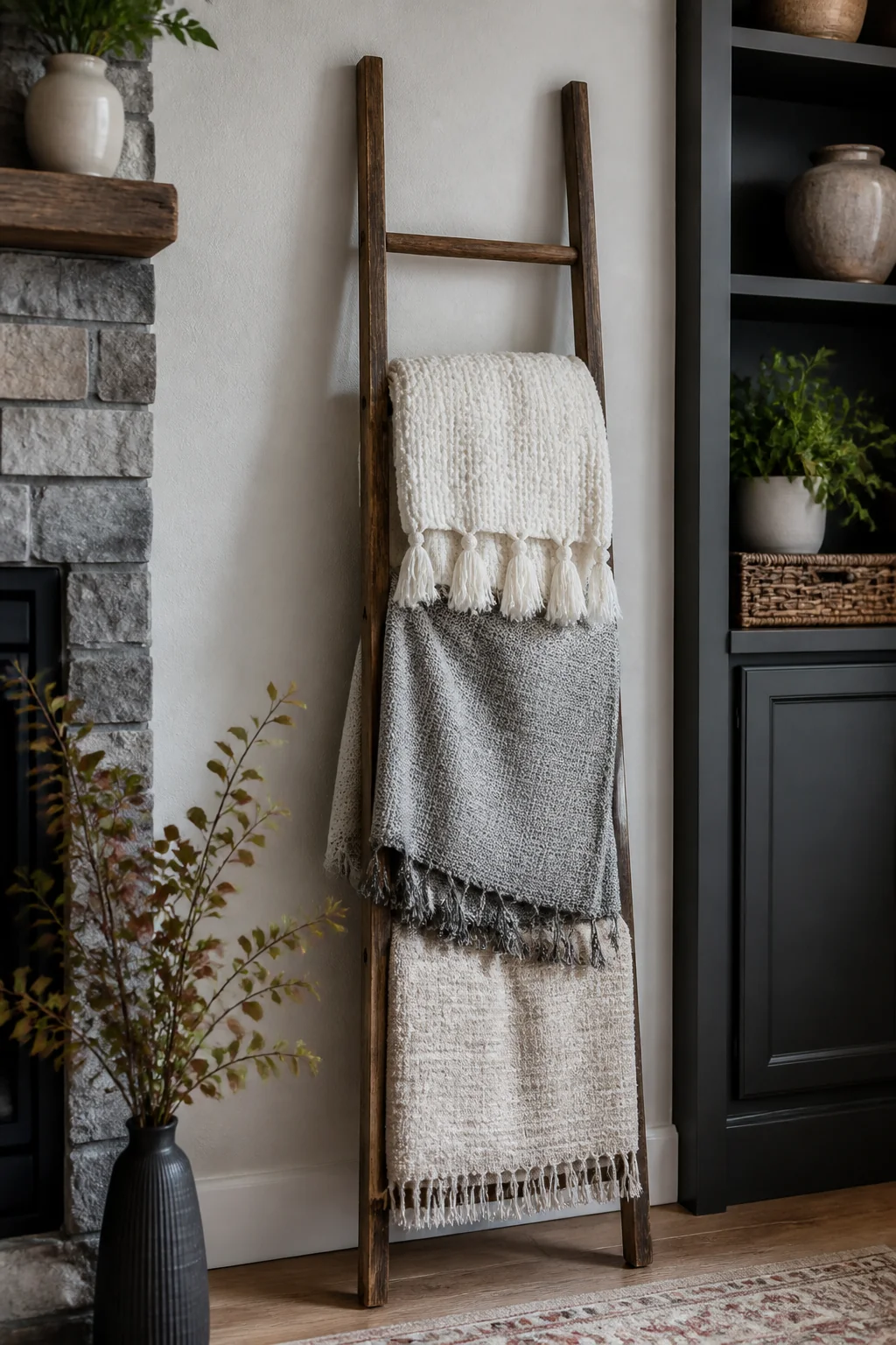 Add a wooden ladder as a blanket display