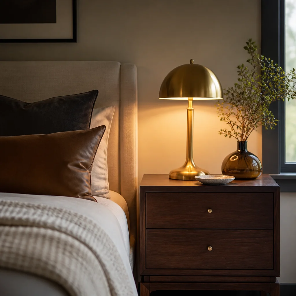 Place mood lighting with a brass or wood table lamp