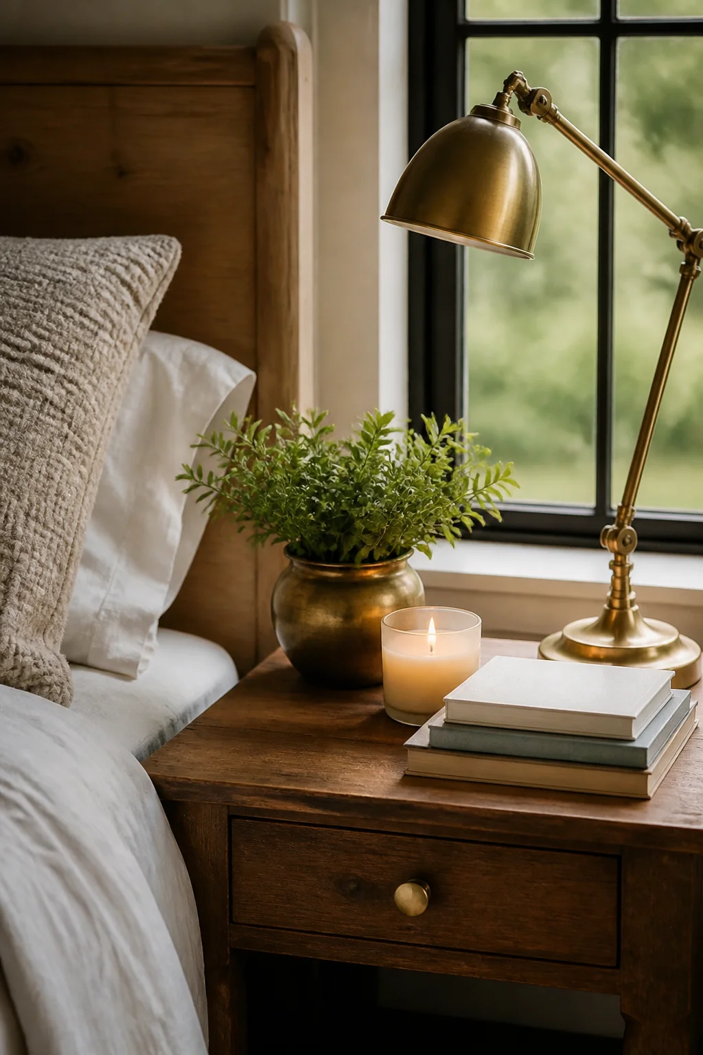 Style your nightstand with a small plant, a candle, and a stack of books
