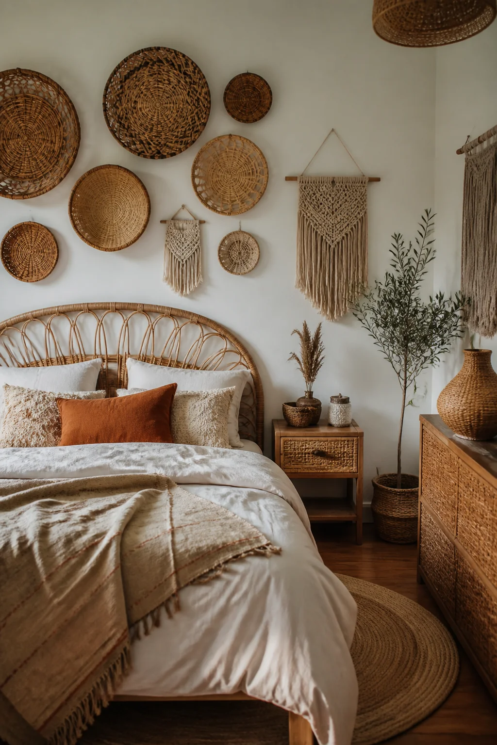 Layer woven wall baskets and smaller macramé