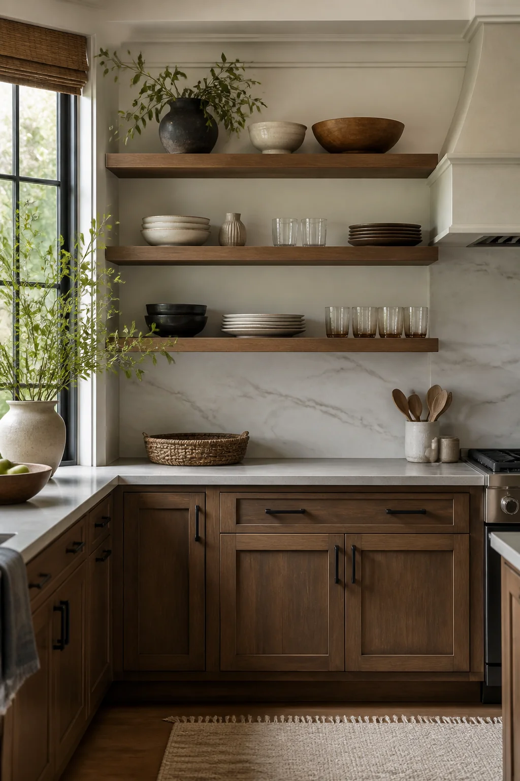 Swap cabinet doors for open shelving on one wall