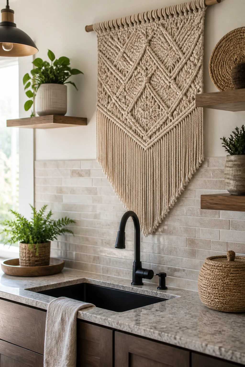 Use macrame or woven wall hangings as a backsplash accent