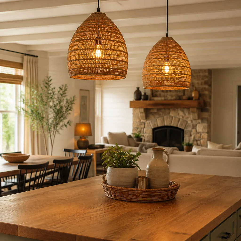 Hang pendant lights with warm, natural materials