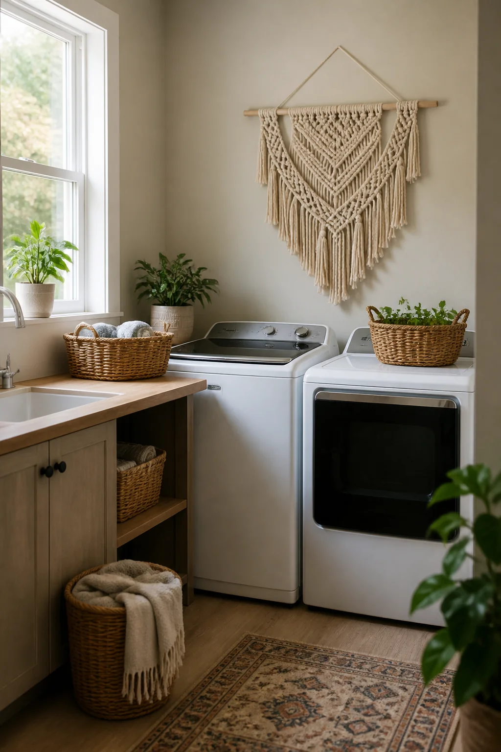 Use a macrame wall hanging above the dryer