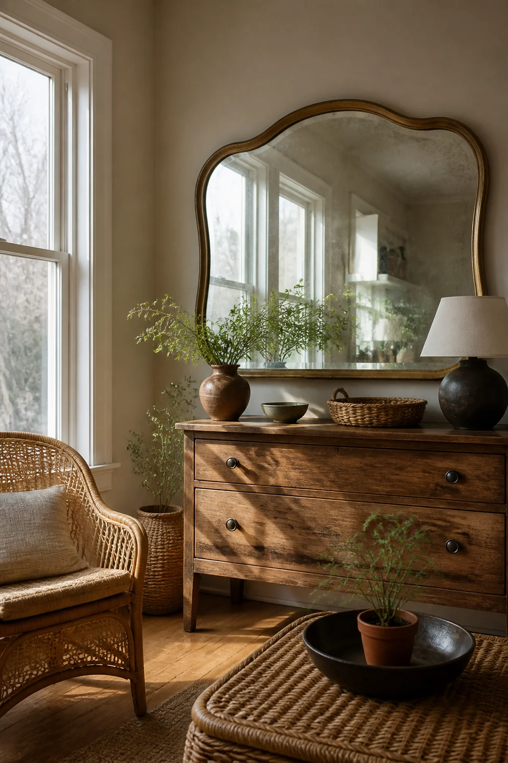 Hang a vintage-style mirror to bounce light