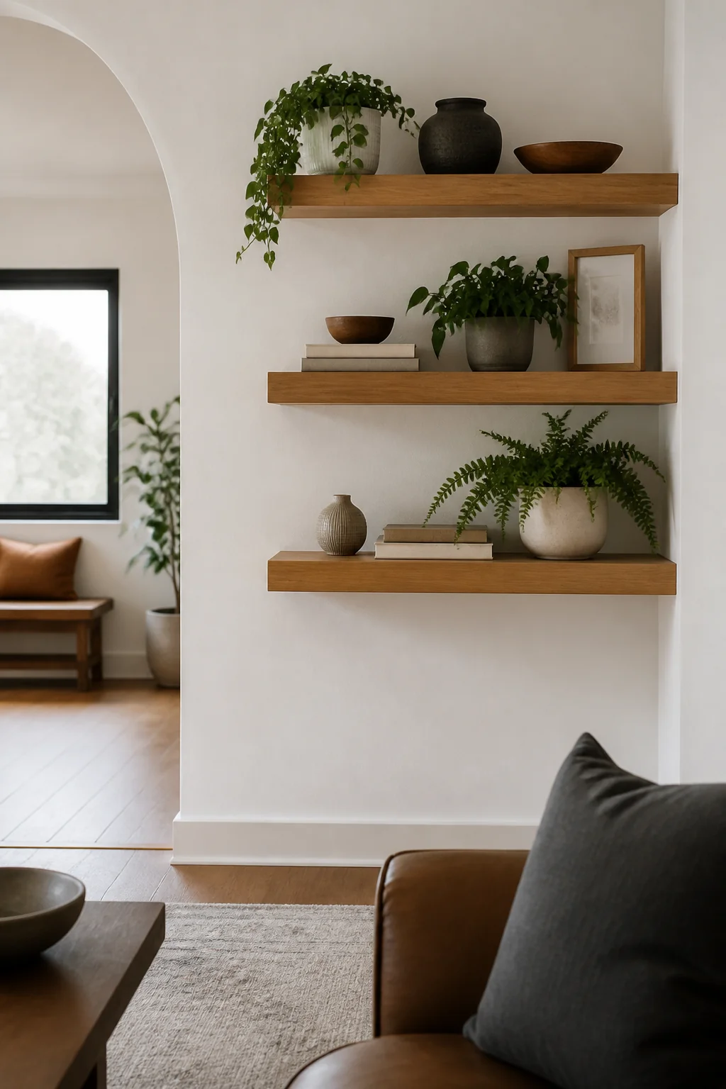 Install floating shelves in natural wood