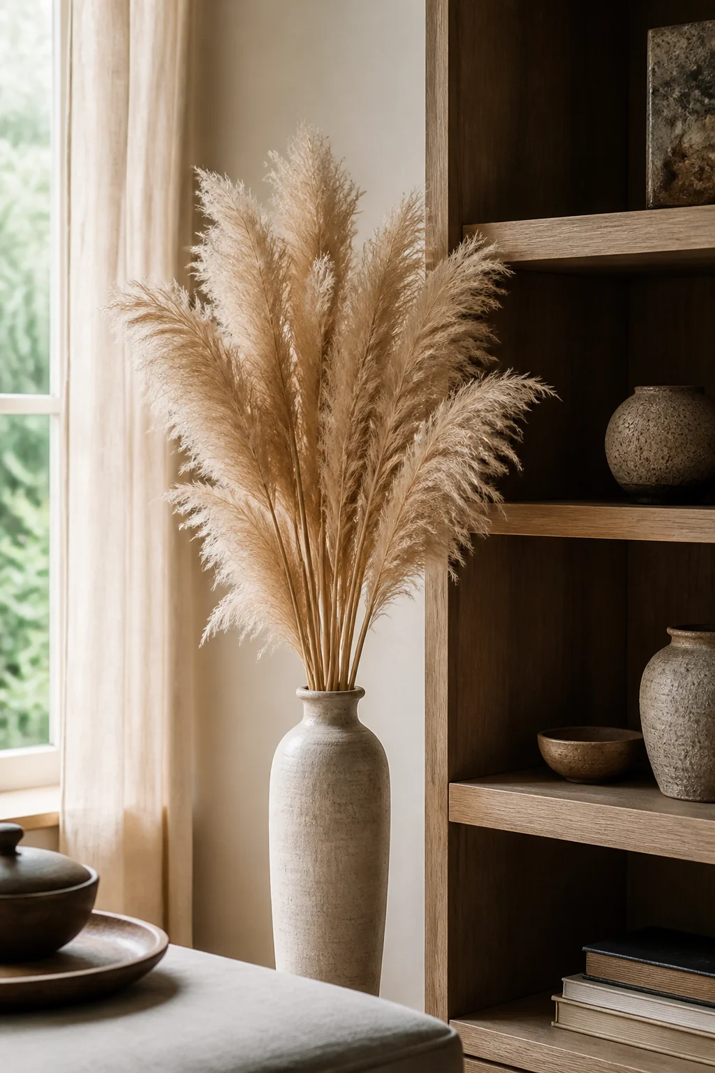 Hang dried pampas grass in a tall vase