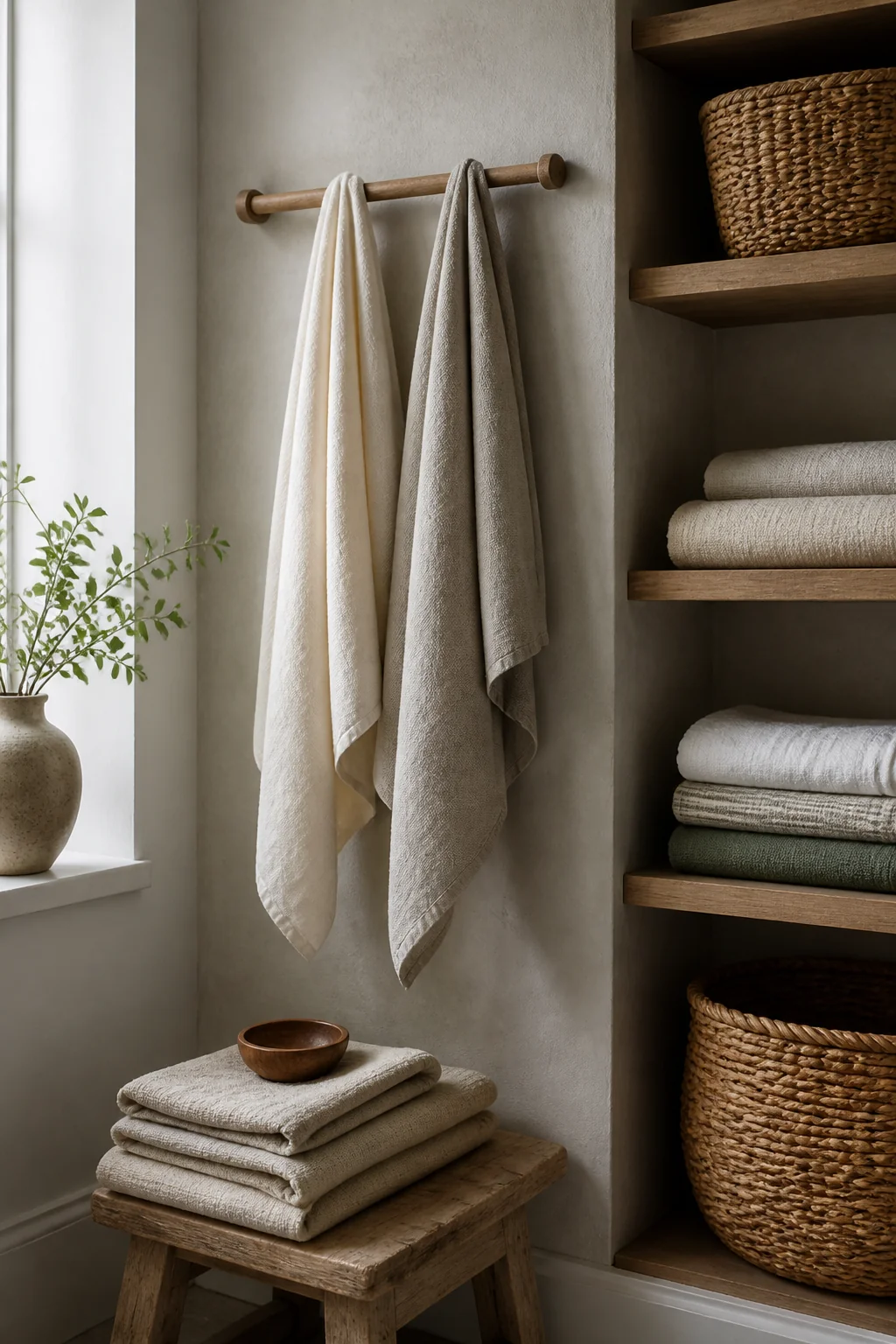 Install a wooden rod and hang linen towels