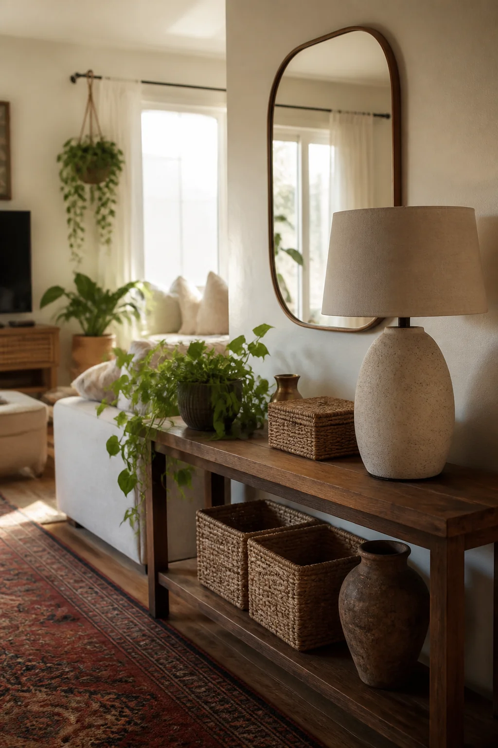 Style a console table behind the sofa