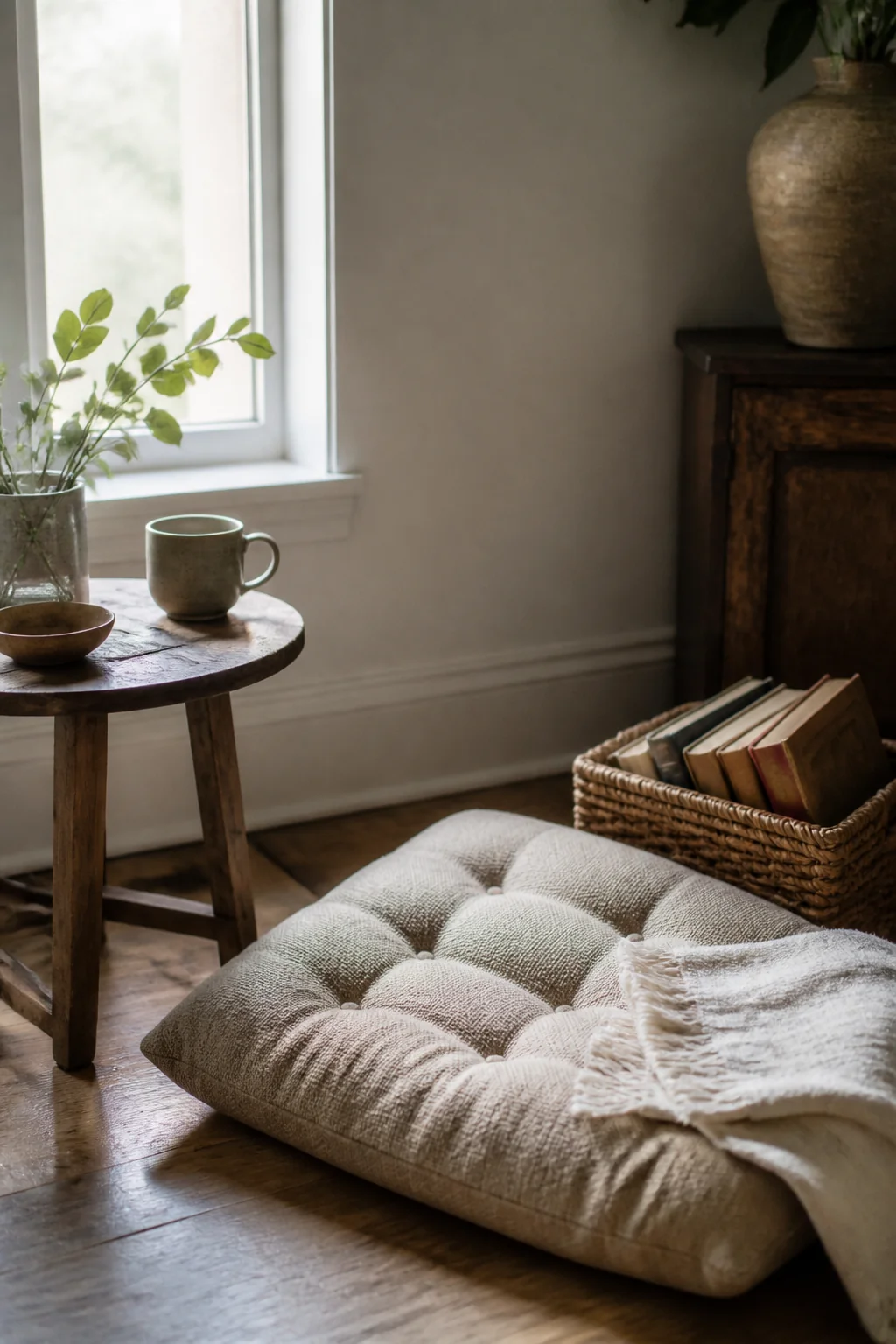 Create a cozy reading nook with a floor cushion and basket of books