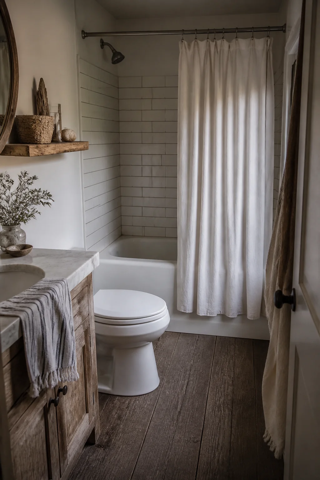 Layer in raw wood shelving or a small driftwood accent piece