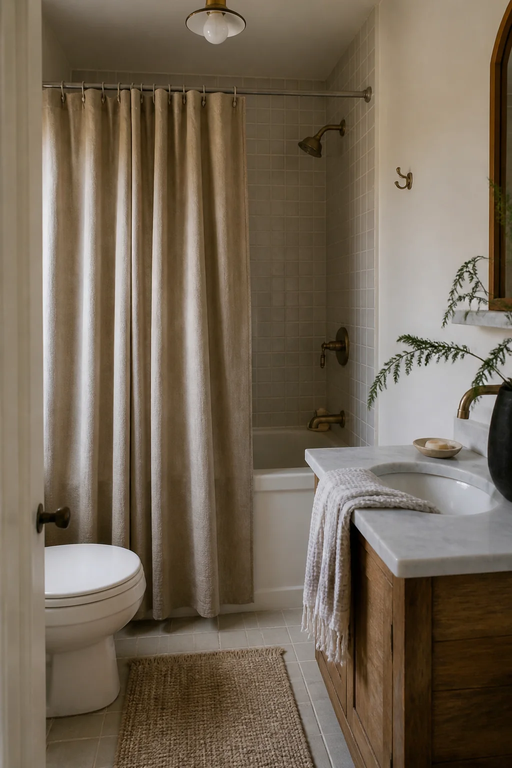Choose a shower curtain in linen or a solid, muted tone