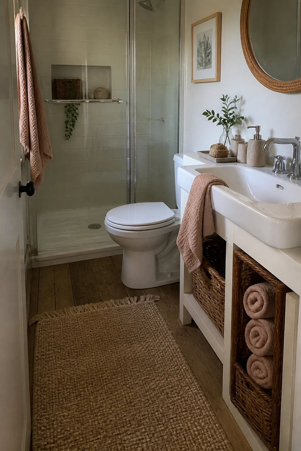 Keep towels rolled and stored in a narrow basket