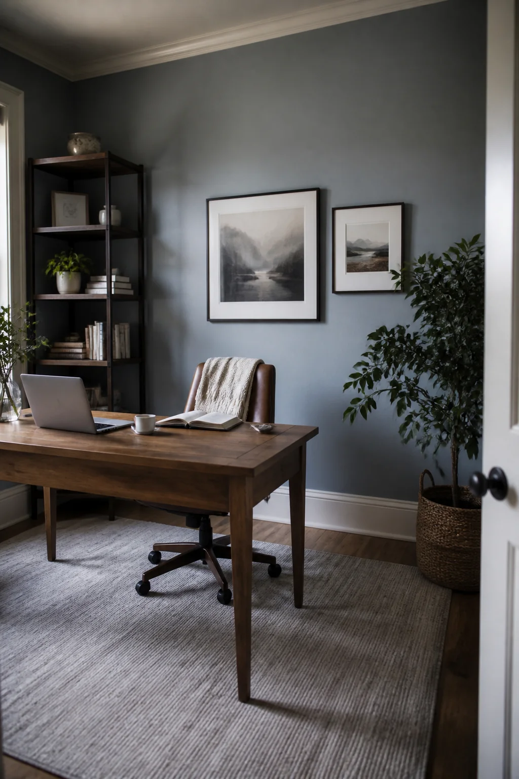 Choose a neutral accent wall in soft blue-gray, not white-on-white