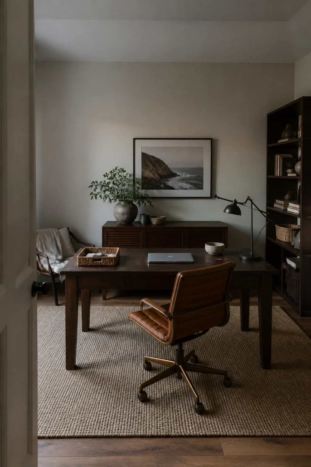 Use a natural fiber rug to define the space and soften sound