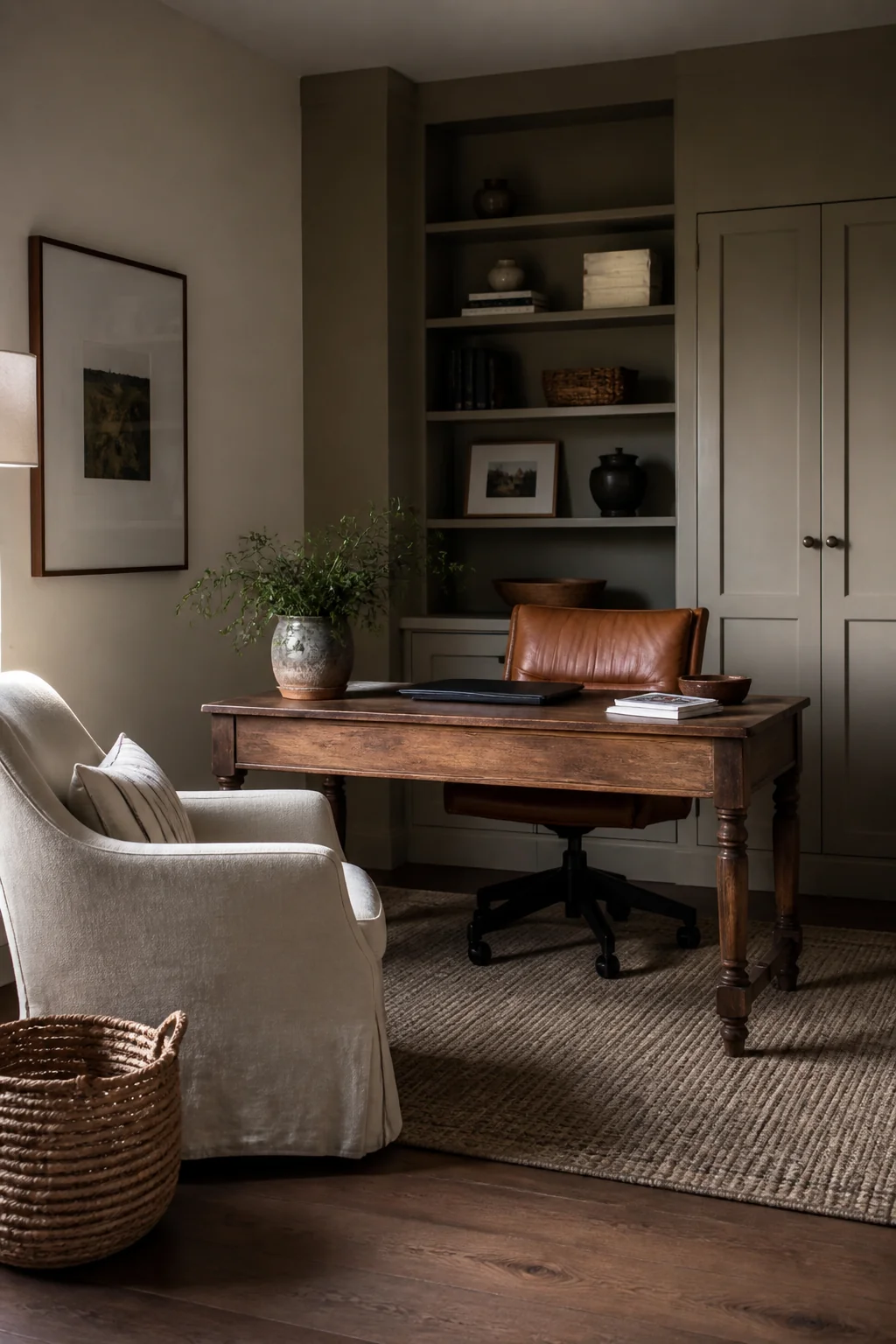 Add a small upholstered armchair in linen for comfort and balance