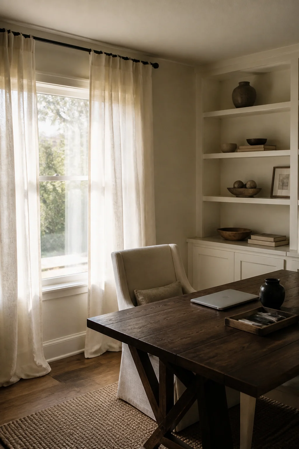 Hang linen curtains in white or warm oatmeal to filter light without blocking the view