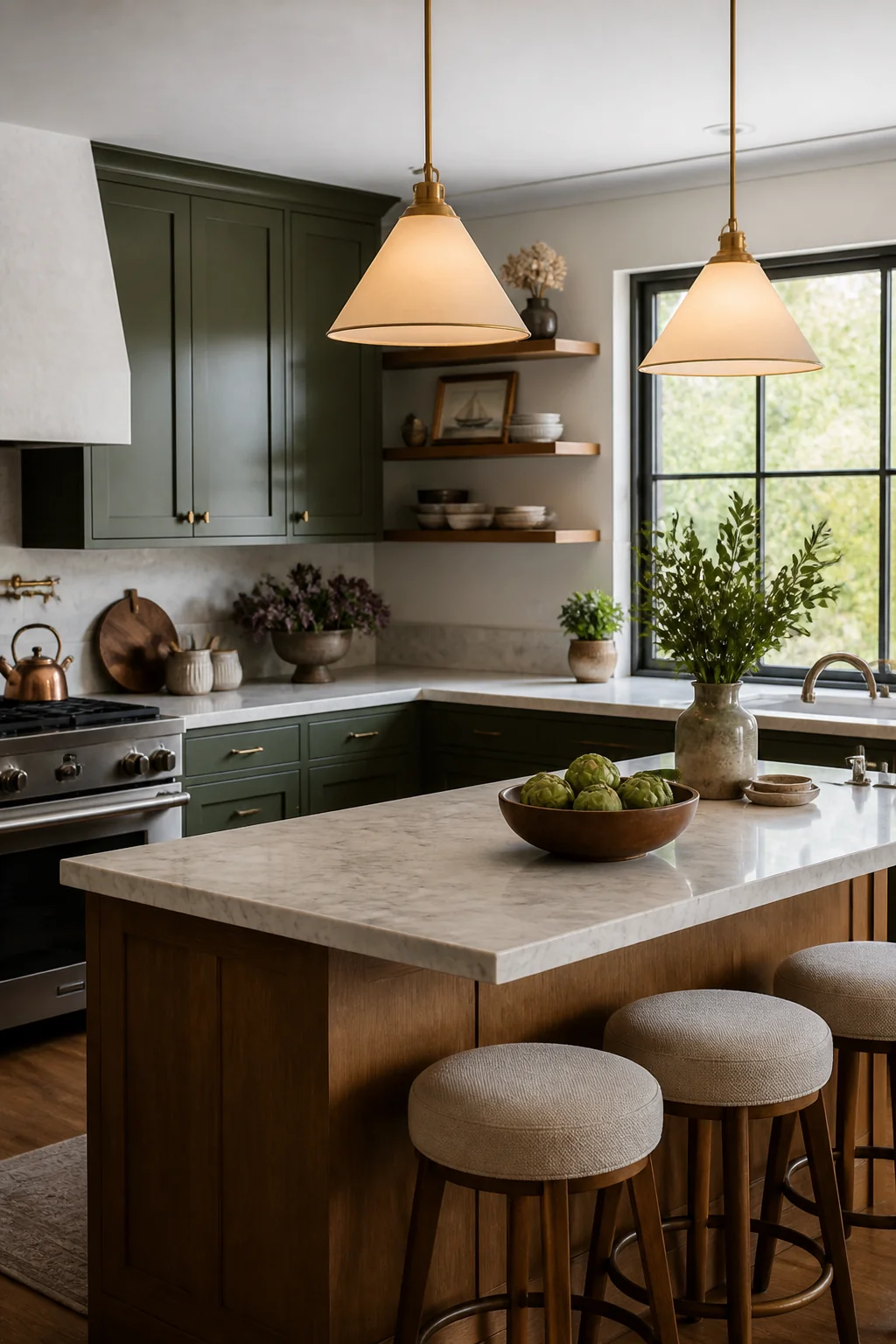 Swap overhead lights for warm pendant lamps