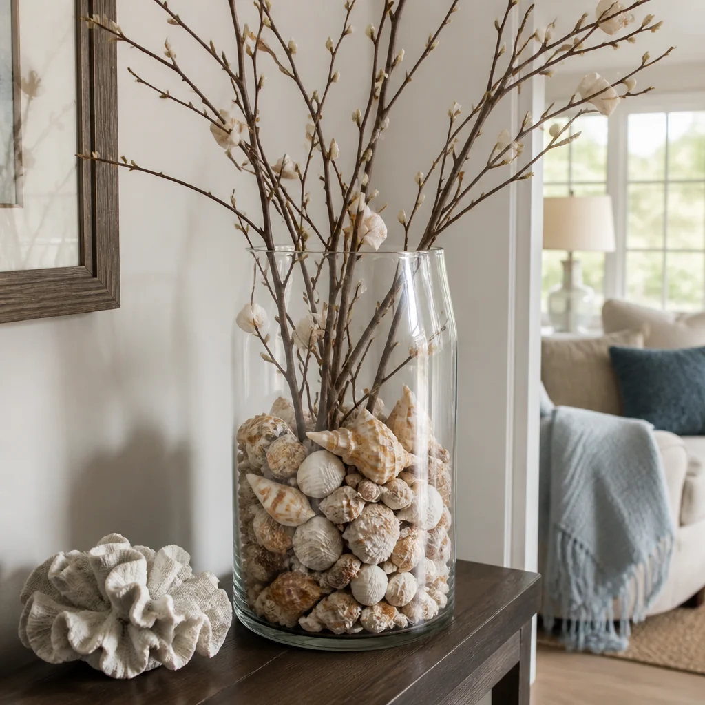 Fill a large glass vase or jar with branches and shells