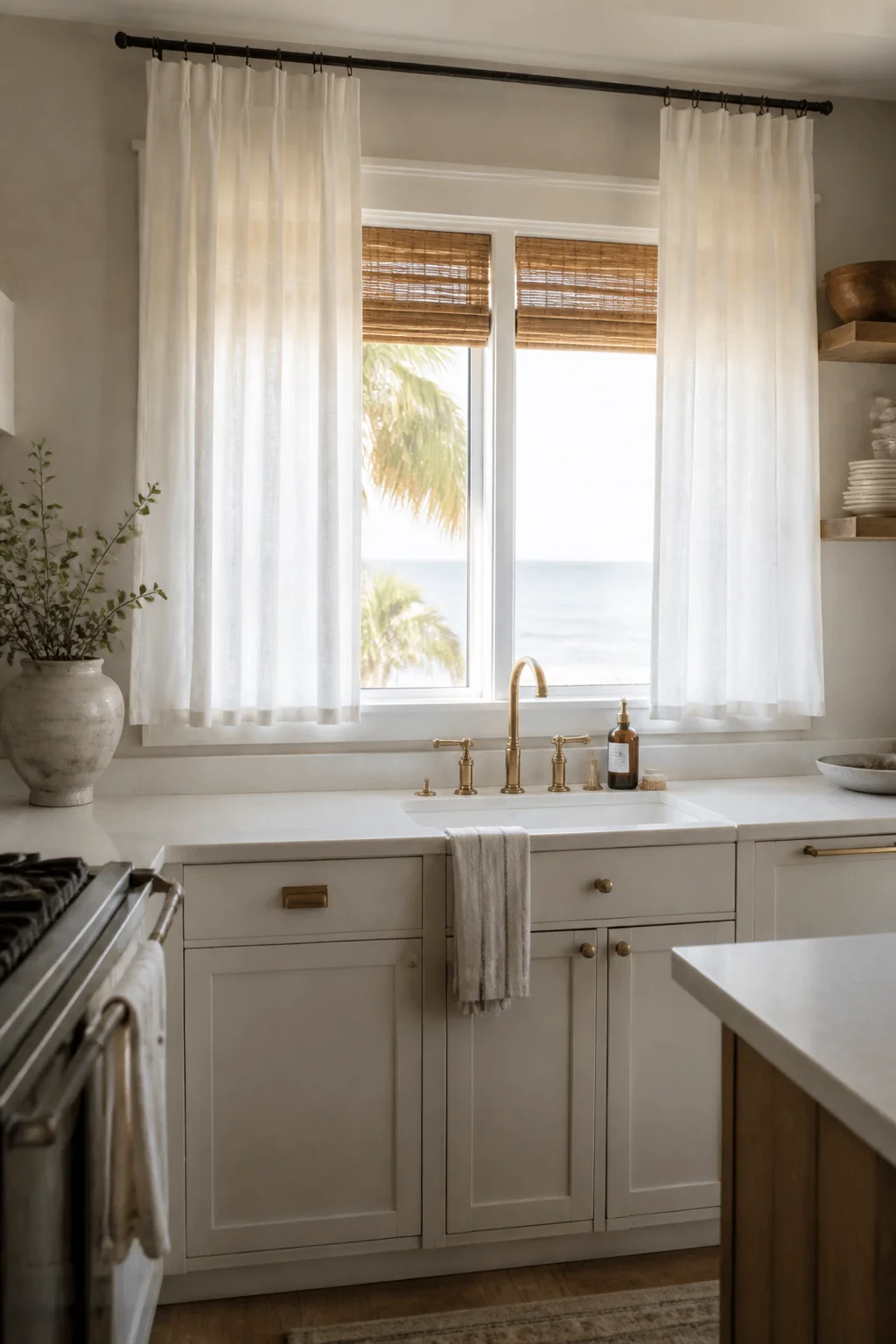 Hang a simple linen or cotton curtain in white or natural