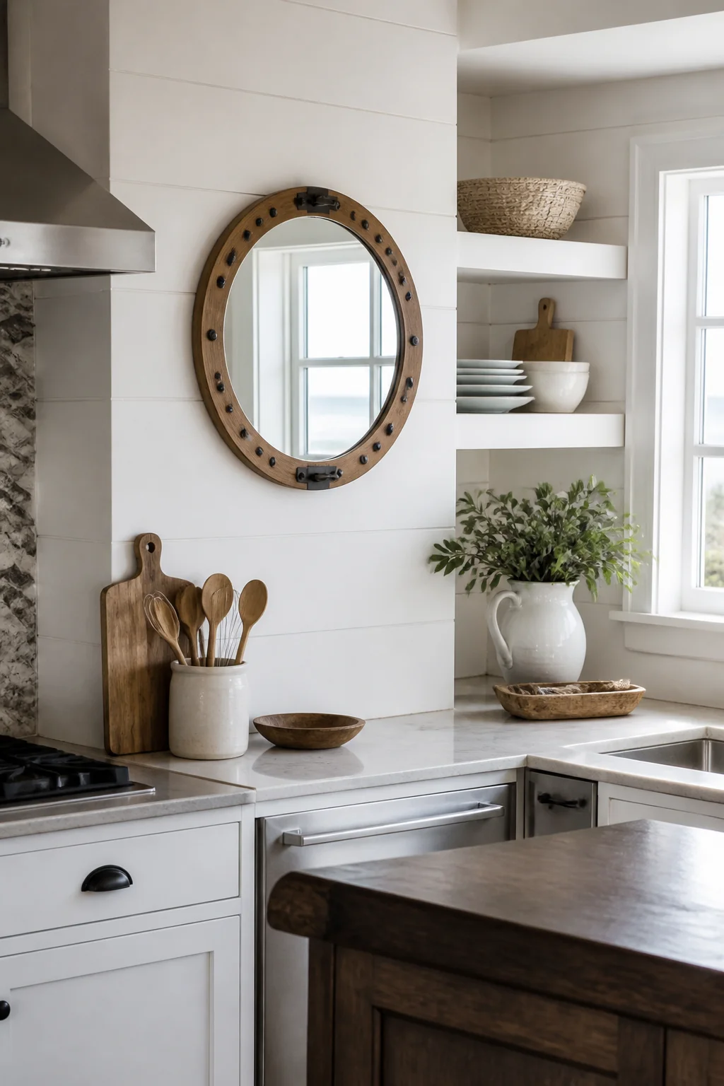 Install a simple nautical mirror with a wood or metal frame