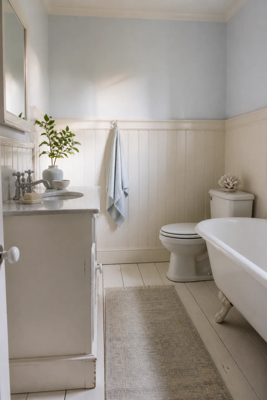 Paint everything in off-white, cream, or pale blue