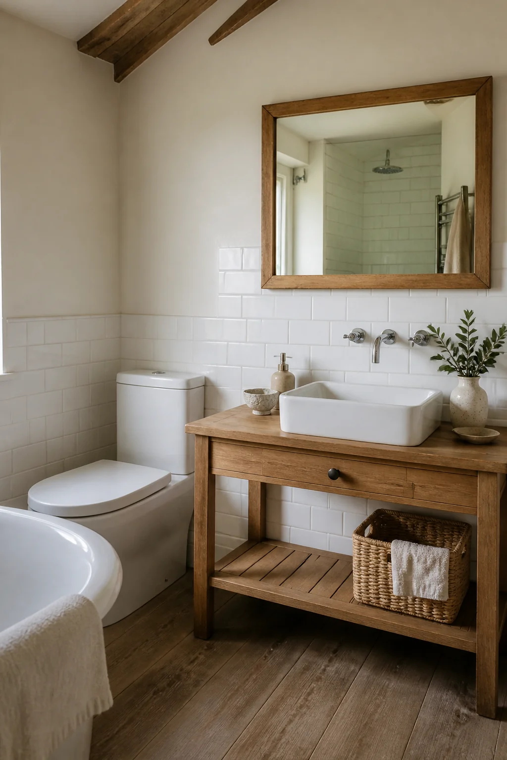 Hang a large mirror above the sink or toilet area