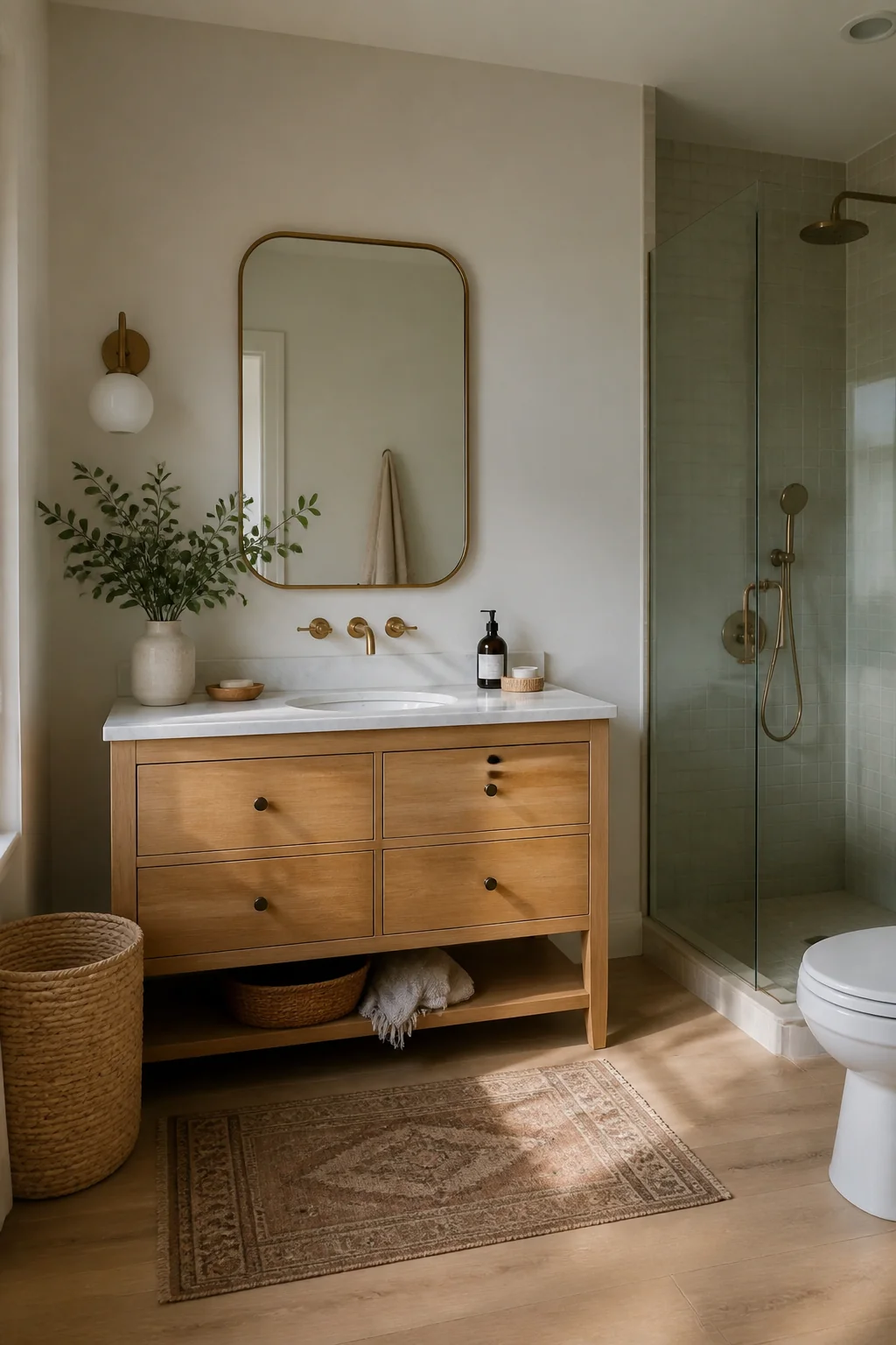Choose a light wood vanity with legs, not a full pedestal