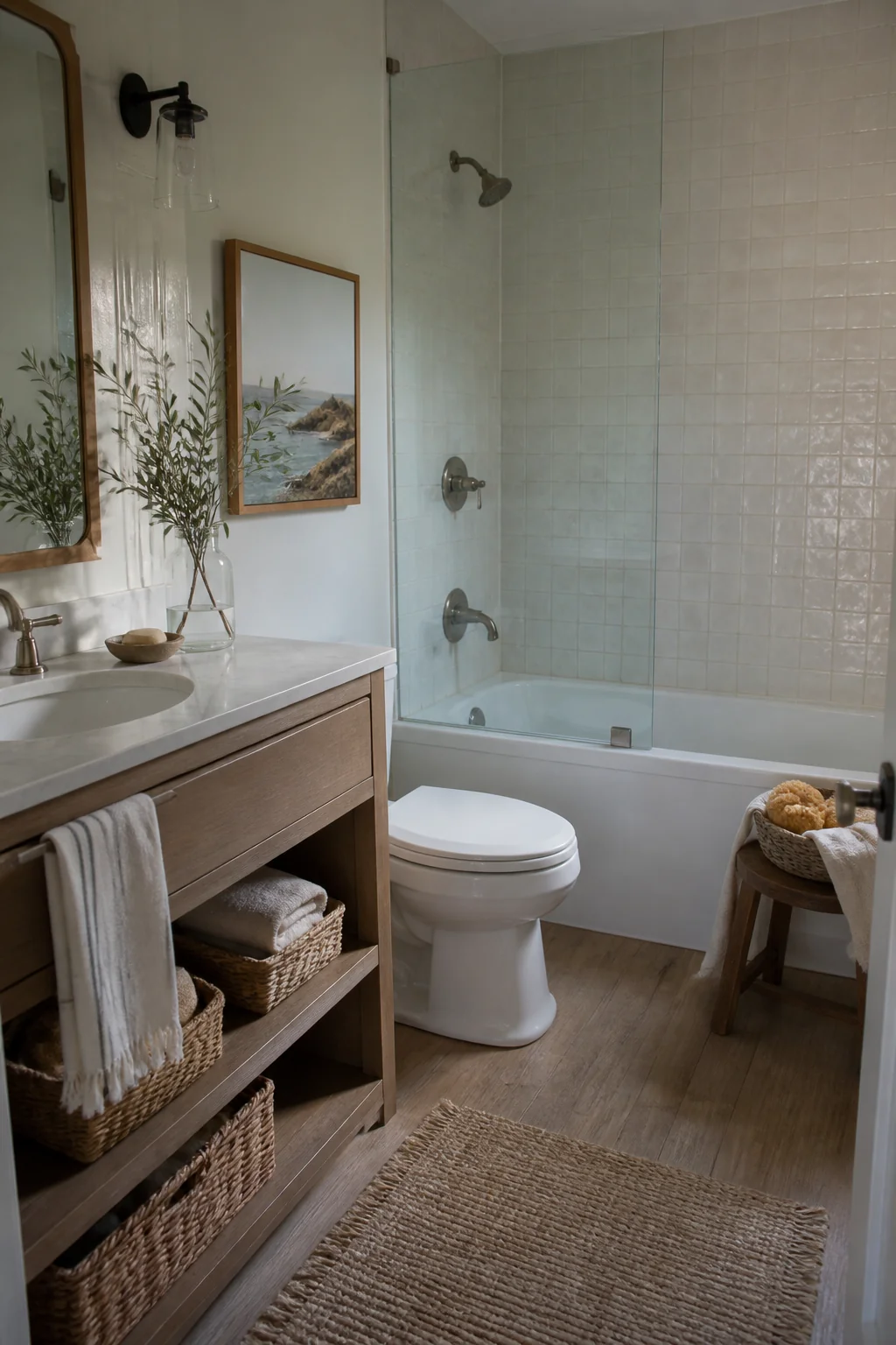Add shallow woven baskets under the sink for storage