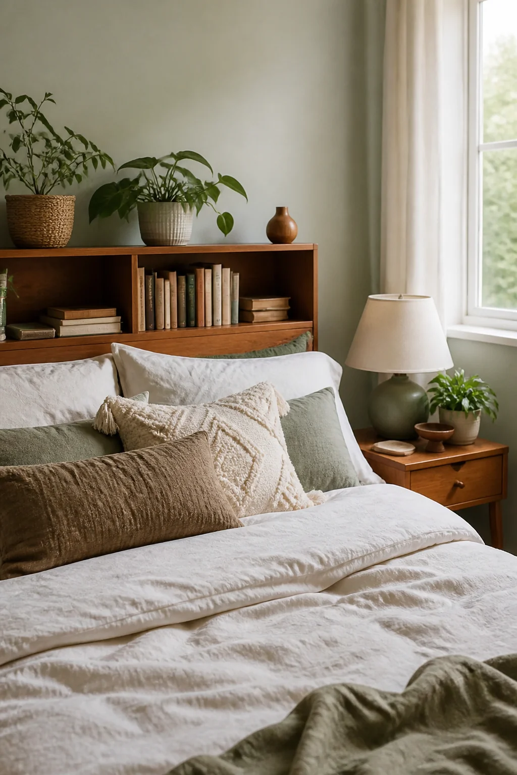 Place a small bookshelf horizontally as a headboard shelf