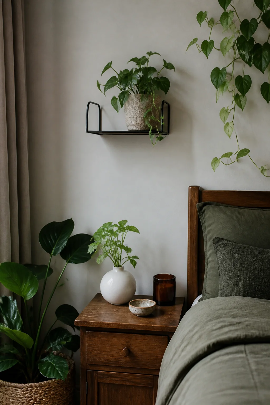 Hang a small metal shelf above your nightstand for a plant