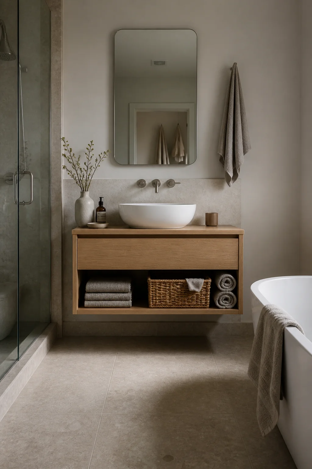 Floating vanity with open shelving below