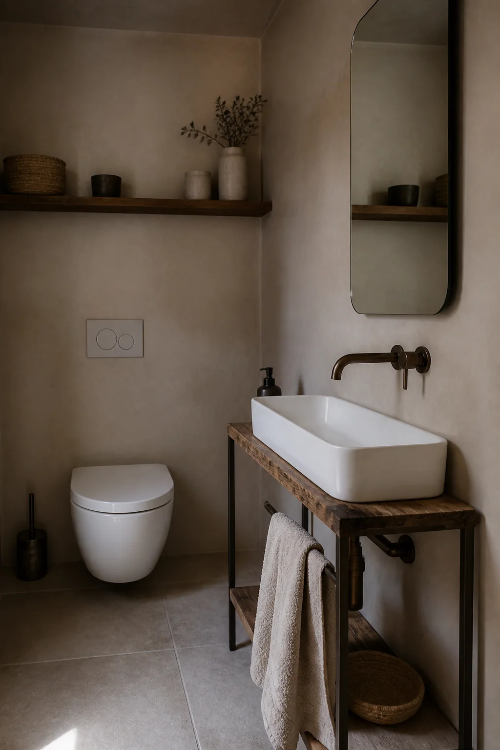 Narrow vessel sink on a slim console