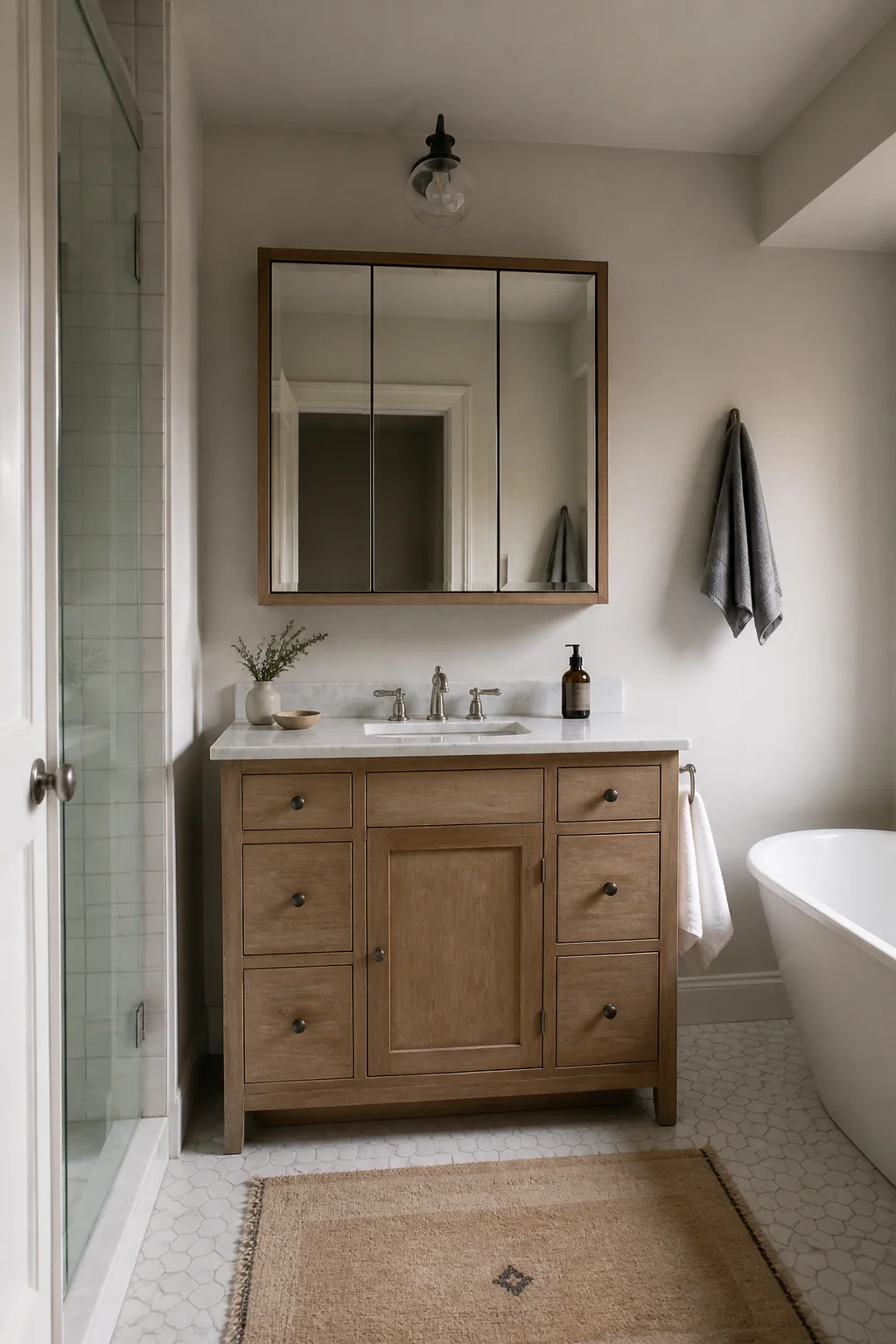 Vanity with a mirror that doubles as a medicine cabinet